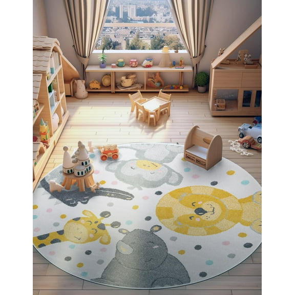 Unique Loom Whimsy Kids Collection Area Rug - Wishes (7' 10" Round Ivory/Gray)
