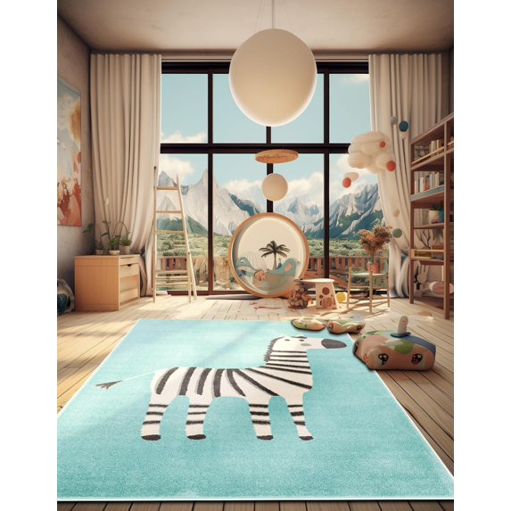 Unique Loom Whimsy Kids Collection Area Rug - Zebra (2' 2" x 2' 11" Rectangle Teal/Ivory)