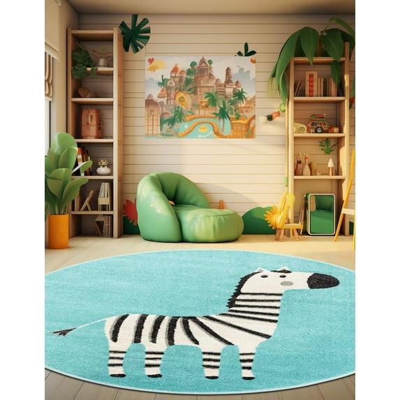 Unique Loom Whimsy Kids Collection Area Rug - Zebra (3' 3" Round Teal/Ivory)