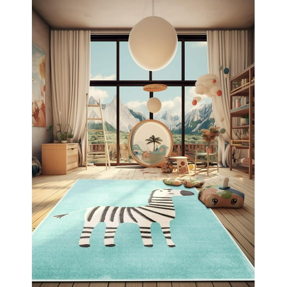 Unique Loom Whimsy Kids Collection Area Rug - Zebra (5' 3" x 8' Rectangle Teal/Ivory)