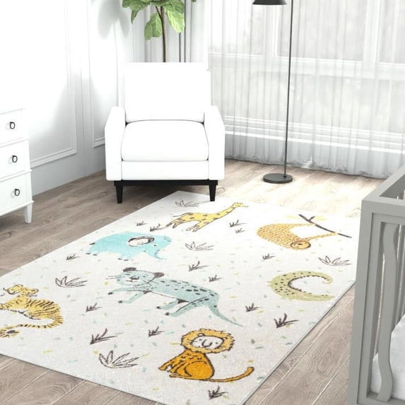 Unique Loom Whimsy Kids Collection Area Rug - Zoo (2' 2" x 2' 11" Rectangle Ivory/Black) Perfect For Kids Bed Room/Nursery Room/Living Room/Class Room/Play Room