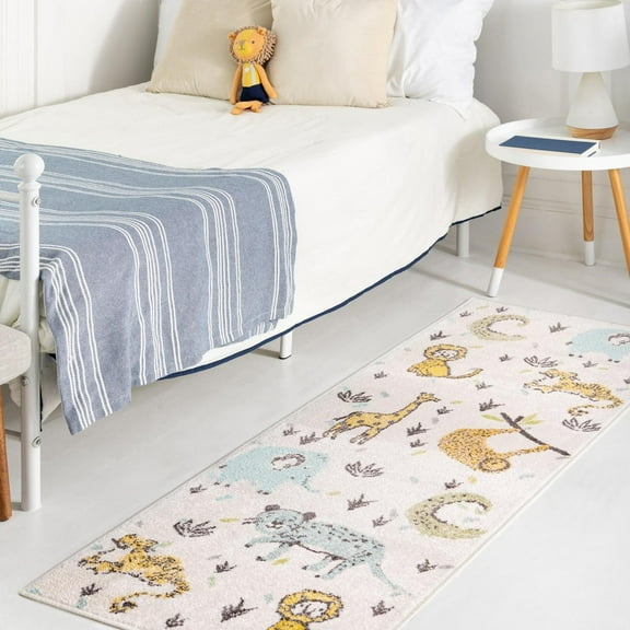 Unique Loom Whimsy Kids Collection Area Rug - Zoo (2' 2" x 3' 11" Runner Ivory/Black) Perfect For Kids Bed Room/Nursery Room/Living Room/Class Room/Play Room