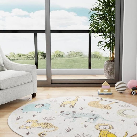 Unique Loom Whimsy Kids Collection Area Rug - Zoo (3' 3" Round Ivory/Black) Perfect For Kids Bed Room/Nursery Room/Living Room/Class Room/Play Room