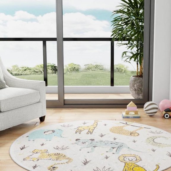 Unique Loom Whimsy Kids Collection Area Rug - Zoo (5' 3" Round Ivory/Black) Perfect For Kids Bed Room/Nursery Room/Living Room/Class Room/Play Room