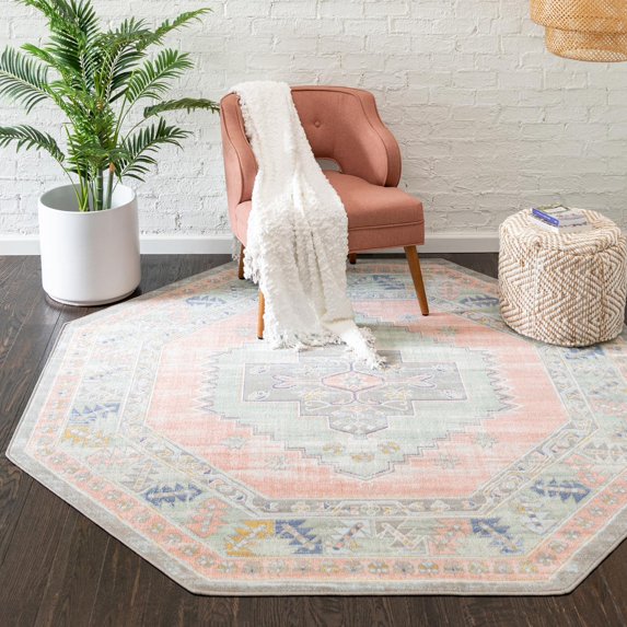 Unique Loom Whitney Collection Area Rug - Geneva (5' 3" Octagon Pink/Blue)