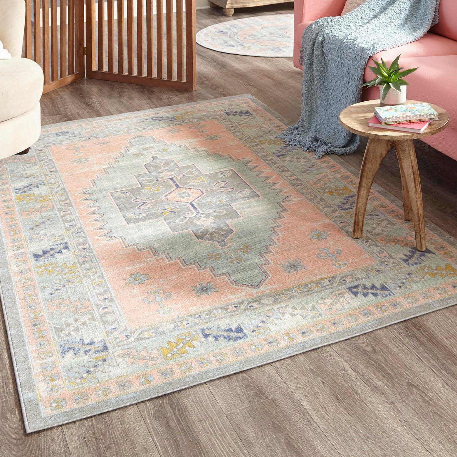 Whitney Pink Rectangular Synthetic Medallion Area Rug, 5x8 ft