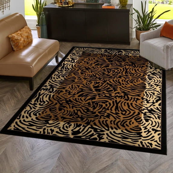 Unique Loom Wildlife Collection Area Rug - Big Cat (6' 1" x 9' Rectangle Light Brown/Black)
