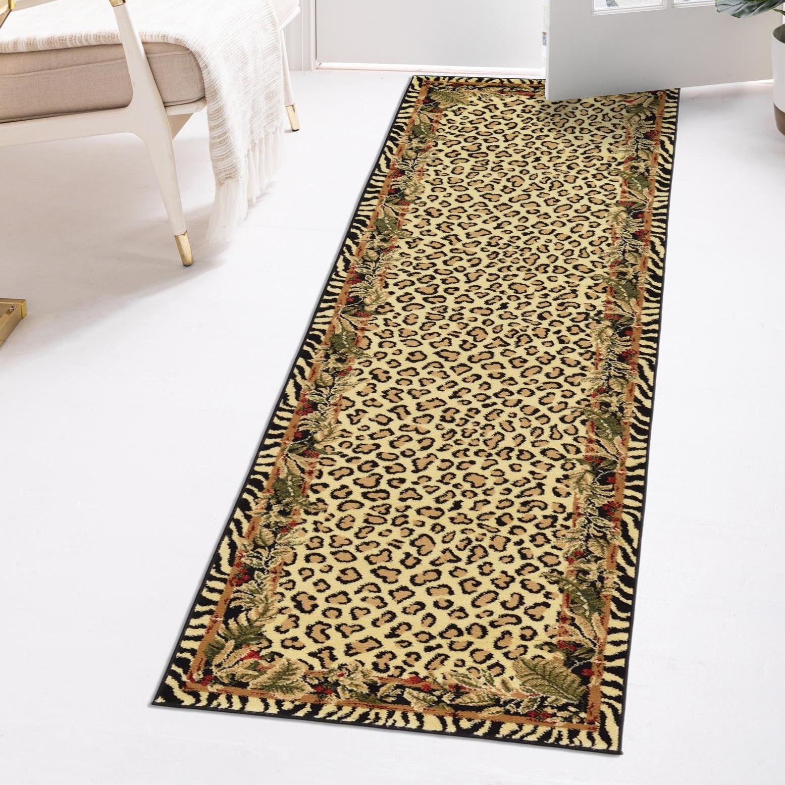 Ivory and Black Leopard Print Runner Rug with Botanical Border