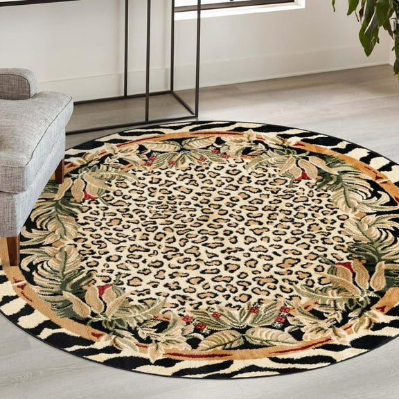 Unique Loom Wildlife Collection Area Rug - Jungle (4' 1" Round Cream/Black)