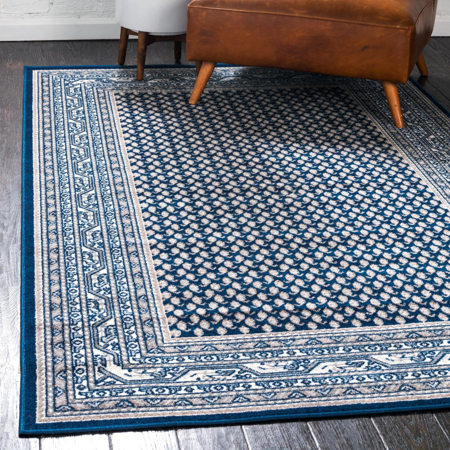 Blue and Gray Rectangular Stain-Resistant Synthetic Area Rug