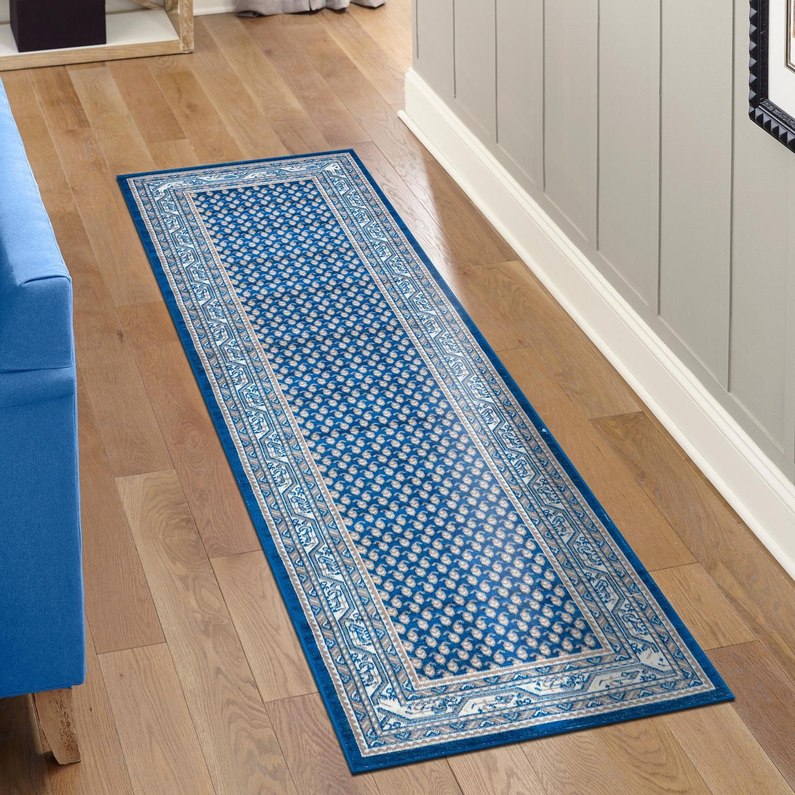 Blue Synthetic Flat Woven Stain-Resistant Runner Rug