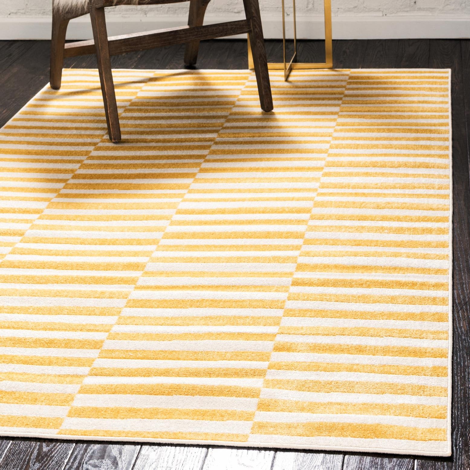 Yellow and Beige Striped Synthetic 4' x 6' Area Rug