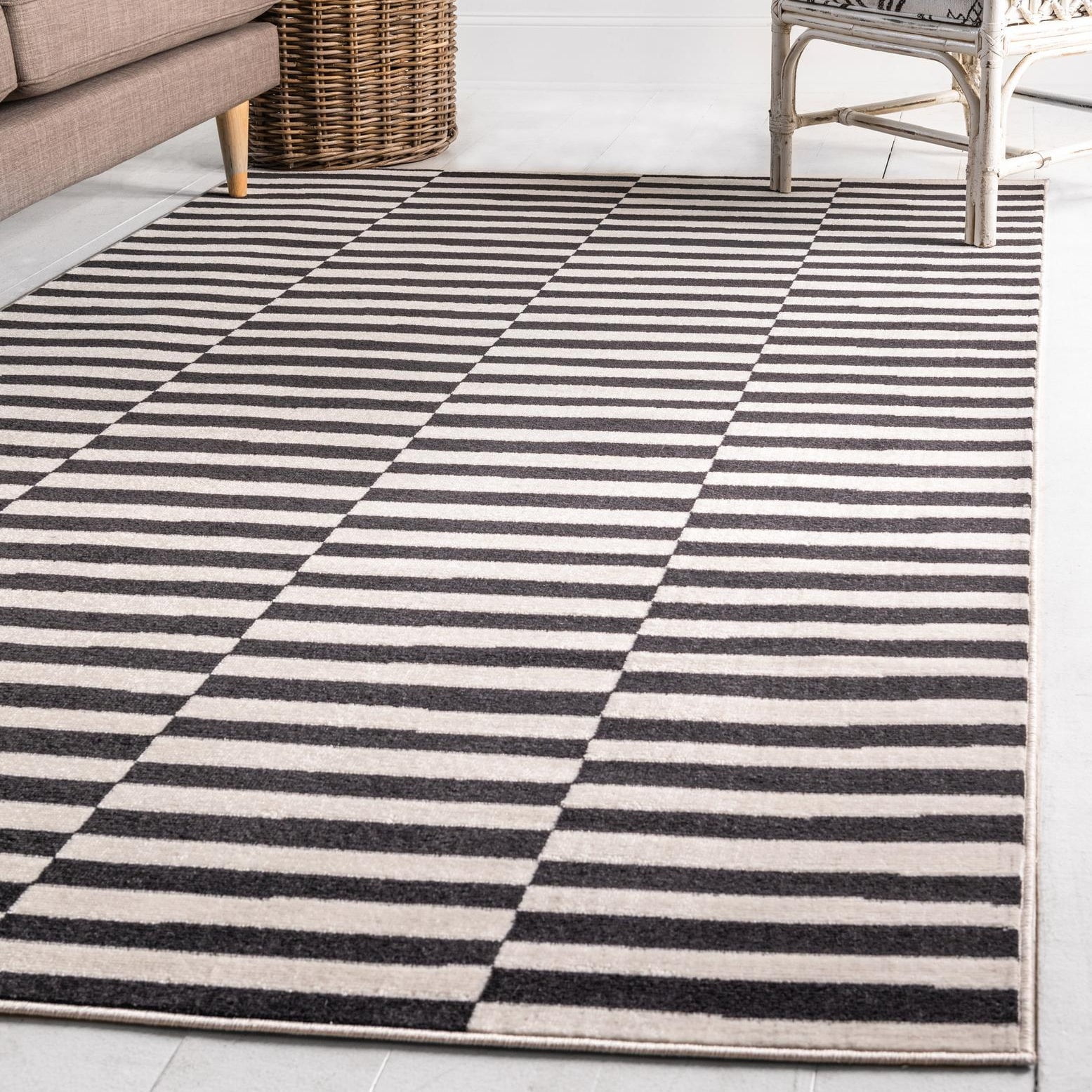 Black and Ivory Striped Synthetic 4' x 6' Area Rug