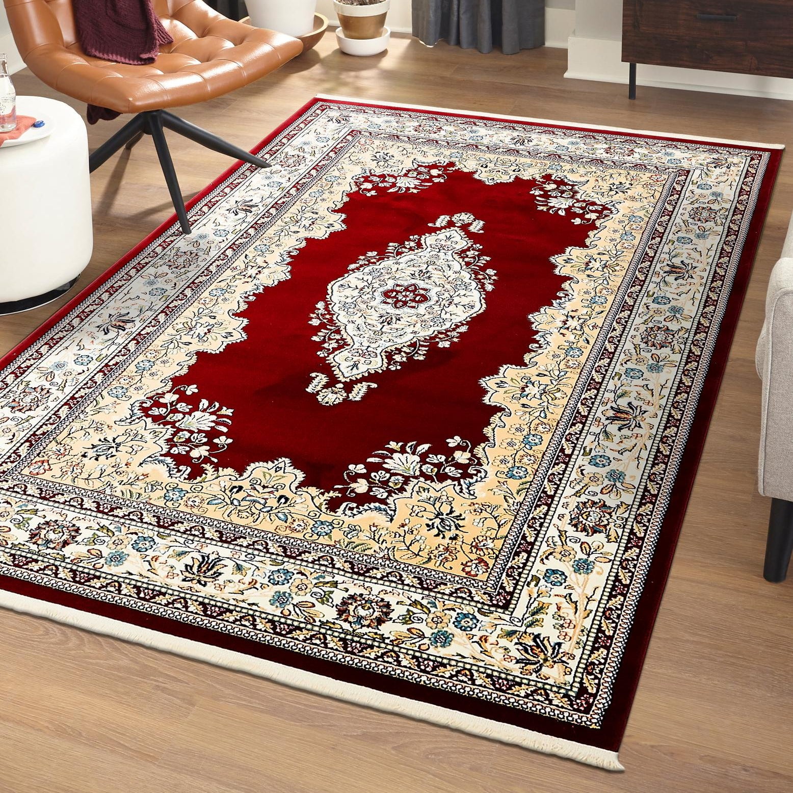 Burgundy and Beige Rectangular Synthetic Area Rug 5' x 8'