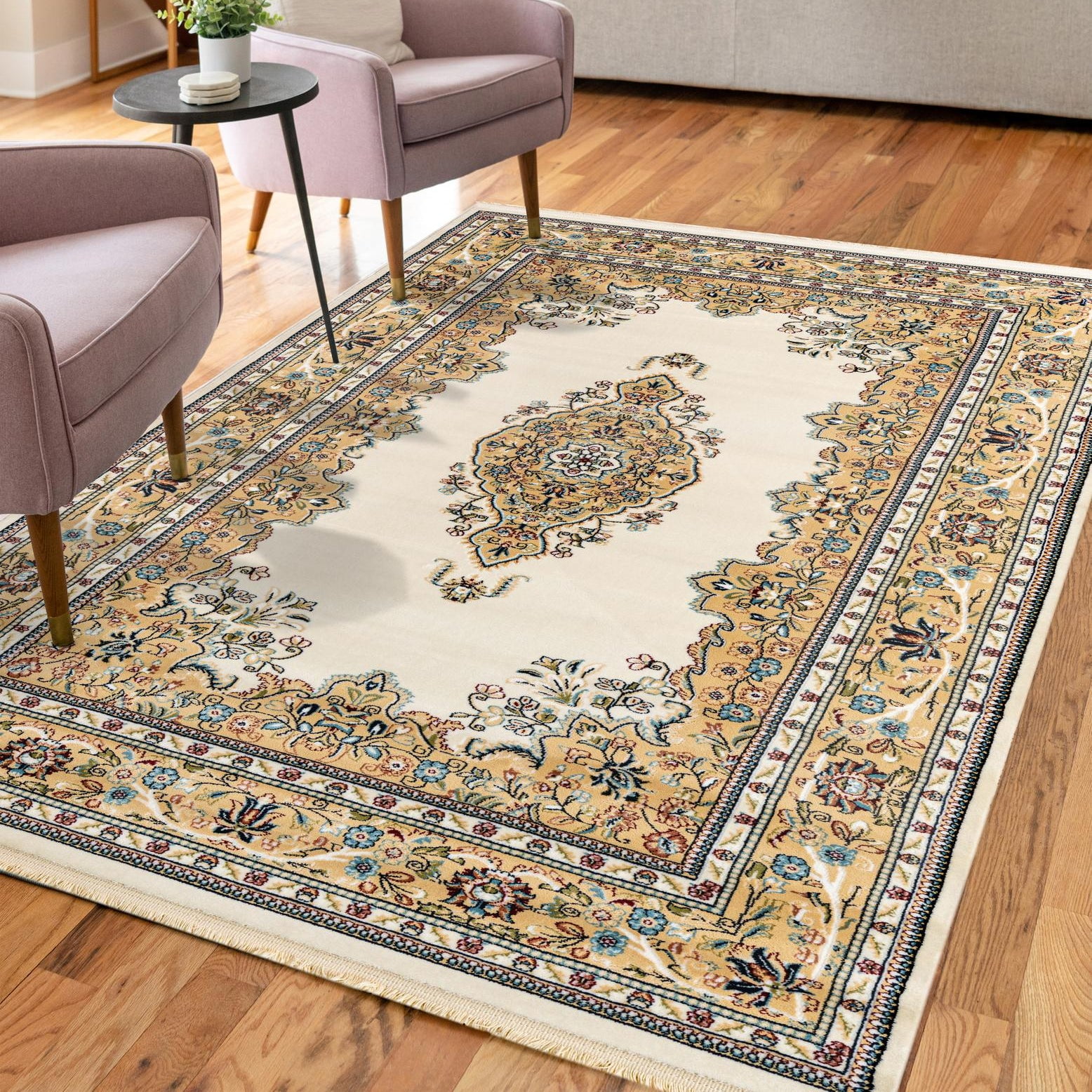 Ivory and Beige Rectangular Synthetic Stain-Resistant Rug
