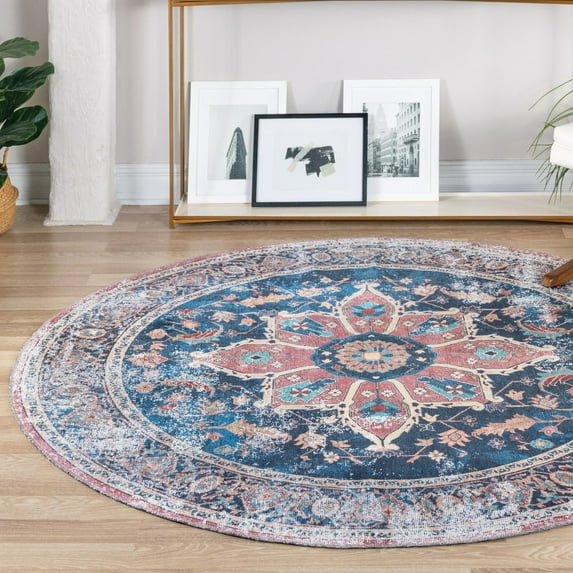 Unique Loom Yara Collection Area Rug - Aramis (4' Round Navy Blue/Beige)