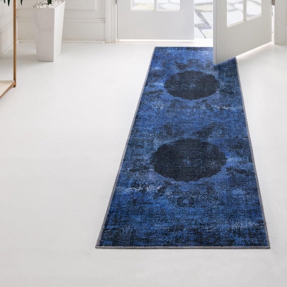 Unique Loom Yara Collection Area Rug - Nayer (2' x 6' Runner Overdyed Blue/Blue)