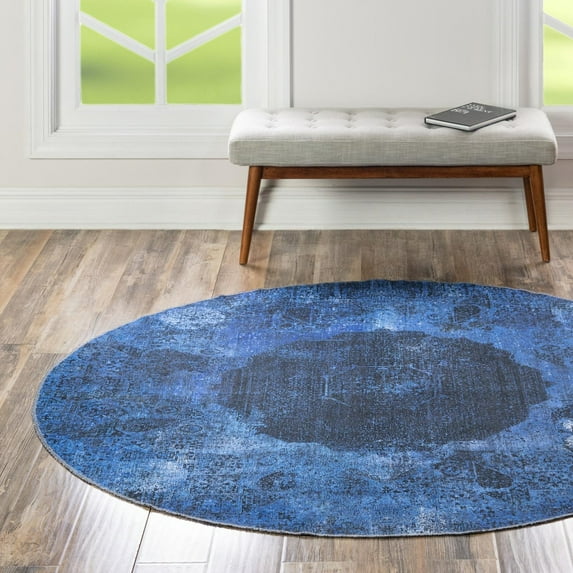 Unique Loom Yara Collection Area Rug - Nayer (4' Round Overdyed Blue/Blue)
