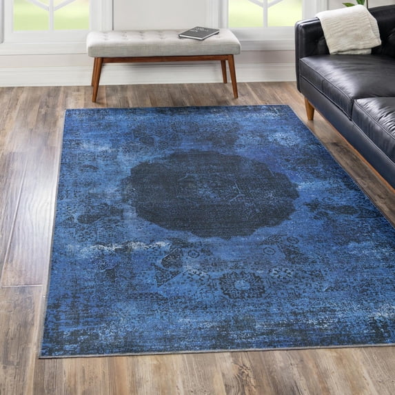 Unique Loom Yara Collection Area Rug - Nayer (4' x 6' Rectangle Overdyed Blue/Blue)