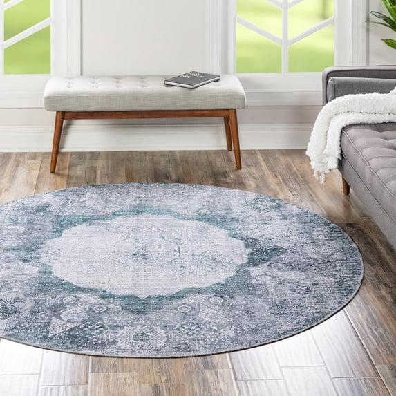 Unique Loom Yara Collection Area Rug - Nayer (7' 10" Round Teal Ivory/Gray)