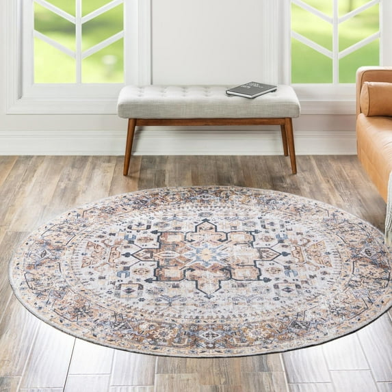 Unique Loom Yara Collection Area Rug - Sunil (4' Round Ivory Almond/Black)