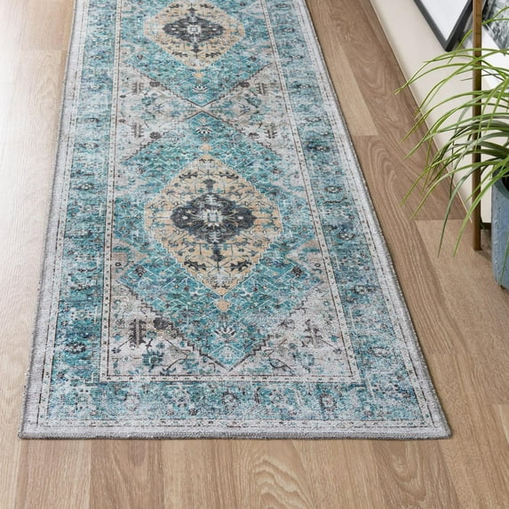 Unique Loom Yara Collection Area Rug - Yash (2' x 6' Runner Seaglass/Ivory)