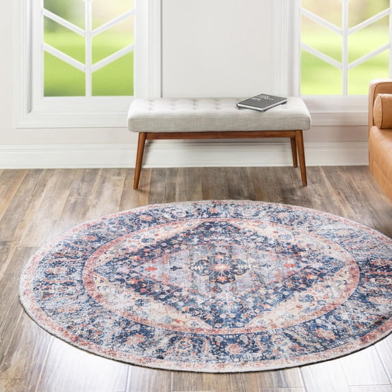 Unique Loom Yara Collection Area Rug - Yash (4' Round Navy Blue/Blue)