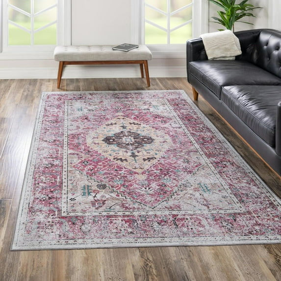 Unique Loom Yara Collection Area Rug - Yash (4' x 6' Rectangle Light Coral Pink/Blue)