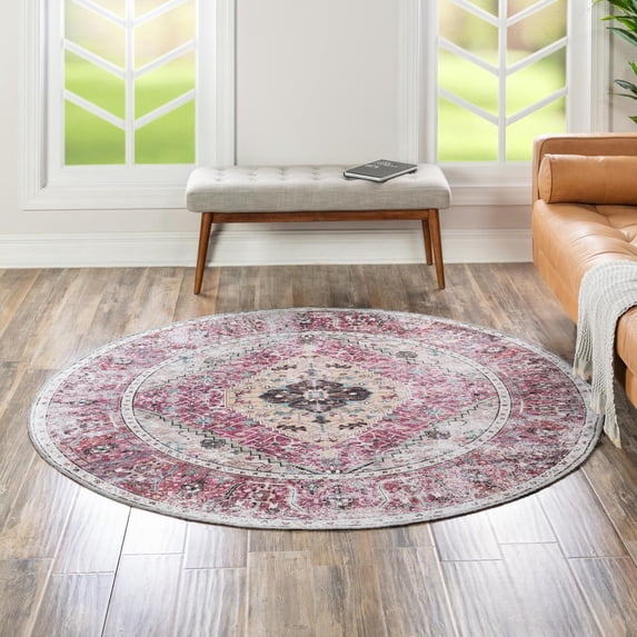 Unique Loom Yara Collection Area Rug - Yash (7' 10" Round Light Coral Pink/Blue)