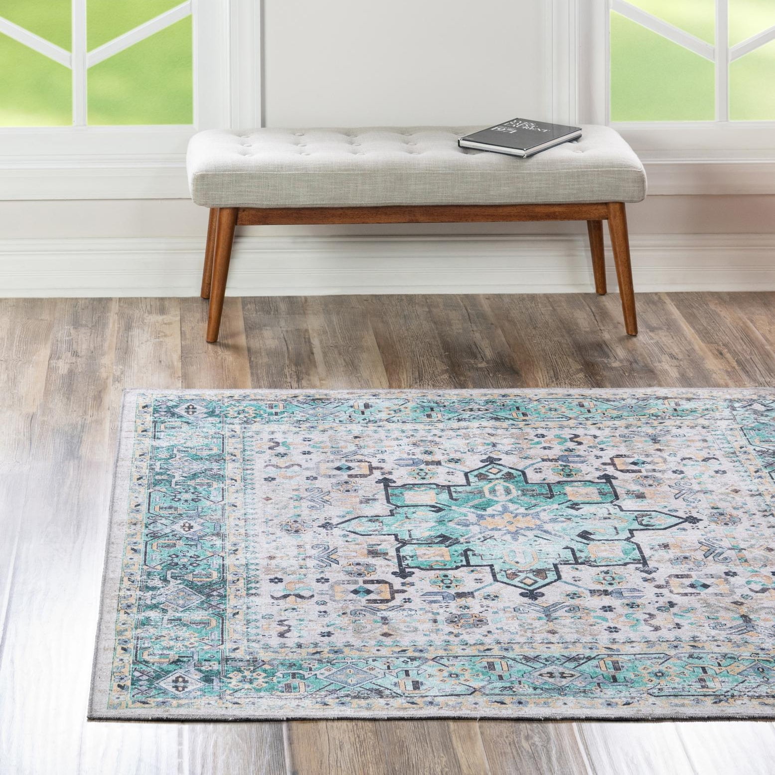 Aqua Green Square Easy-Care Chenille Area Rug 5'1" x 5'1"