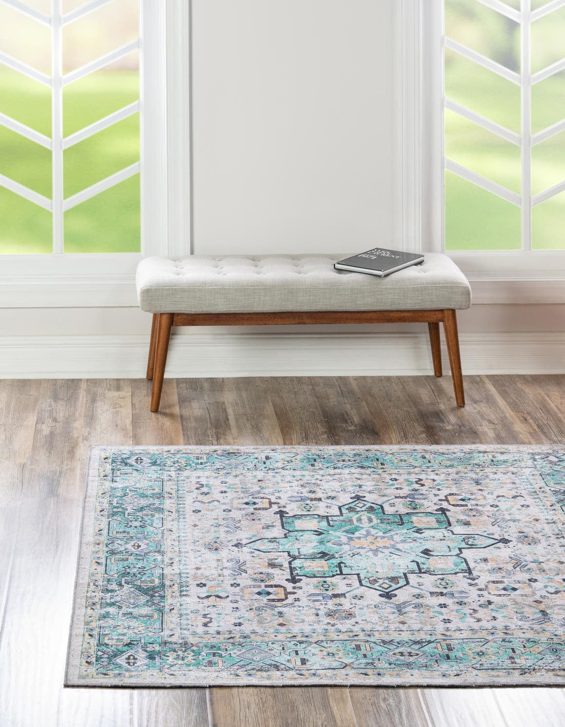 Aqua Green Square Easy-Care Chenille Area Rug 5'1" x 5'1"