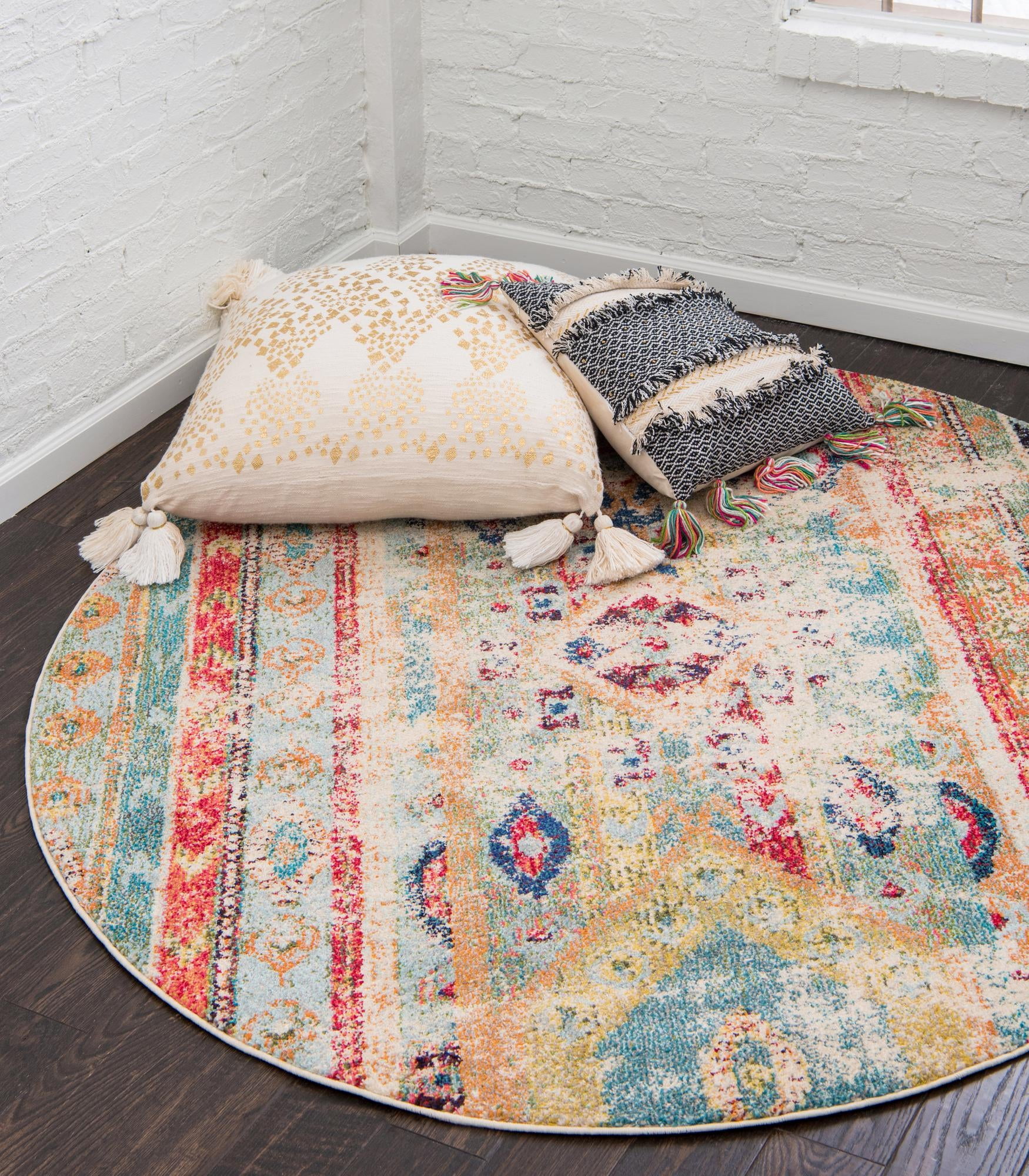 Round Blue Multicolor Synthetic Easy Care Area Rug