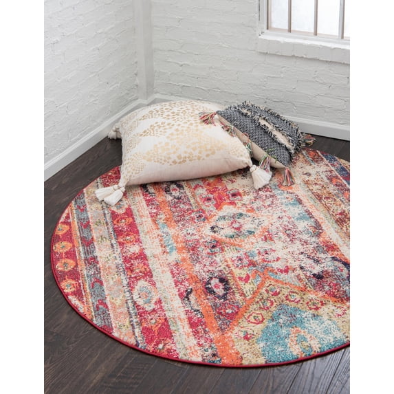 Unique Loom Yellowstone Sedona Rug Cherry Pink/Blue 8' Round Striped Bohemian Perfect For Dining Room Entryway Bed Room