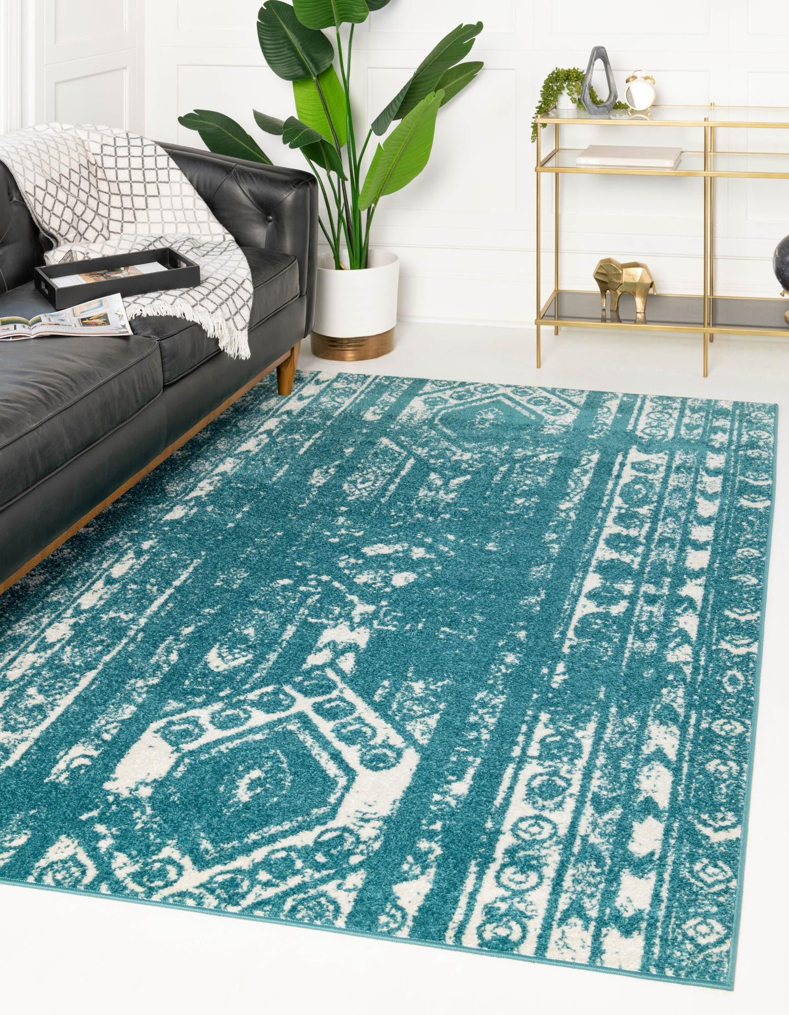 Turquoise and Ivory 9' x 12' Synthetic Rectangular Area Rug
