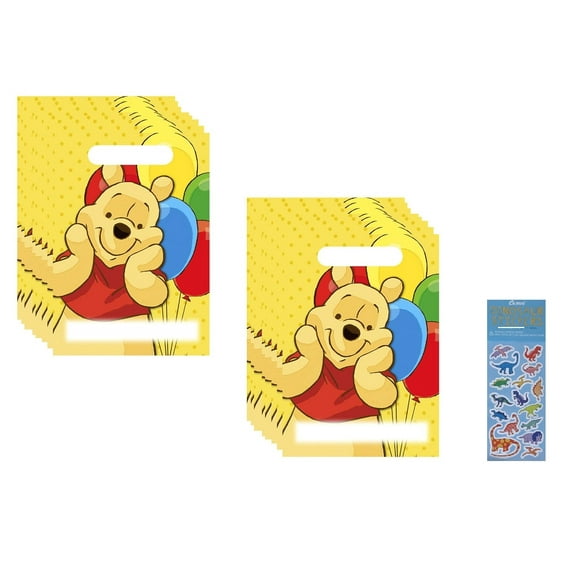 Unique Loot Gift Bag with 1 Dinosaur Sticker Sheet, Plastic, Winnie the Pooh, 16 Pack, 9"