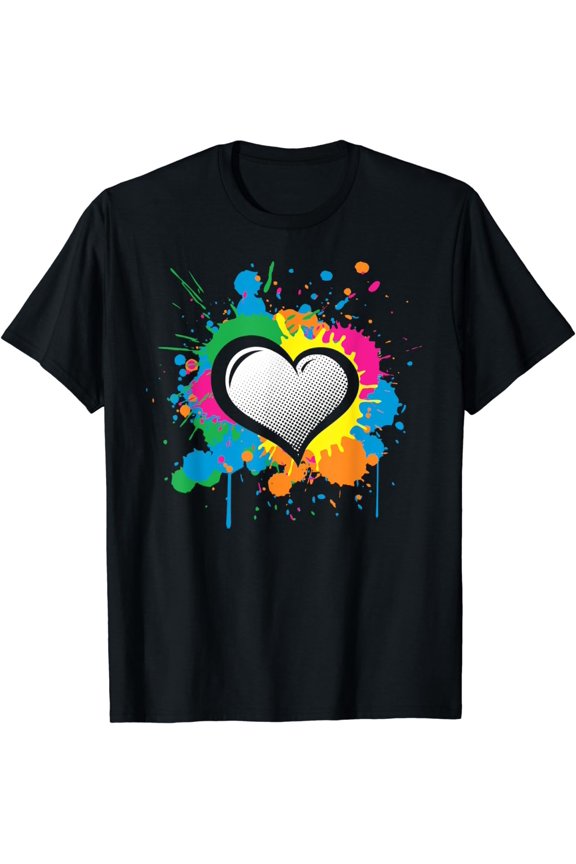 Unique Love Heart Multi Color Paint Splash Splatter T-Shirt