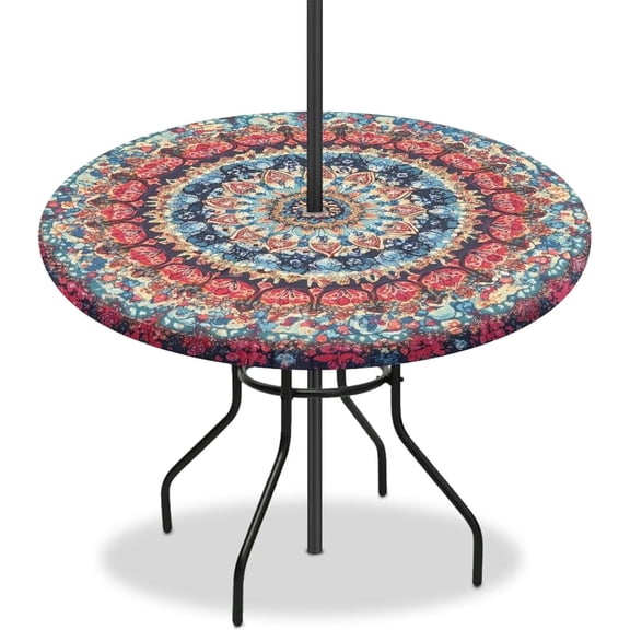 Unique Mandala Round Fitted Tablecloth Outdoor Tablecloth with Umbrella Hole, Round Table Cloths with Elastic Zippered Wipeable Table Cloth Cover for Picnic,Party Decor Easy to Clean