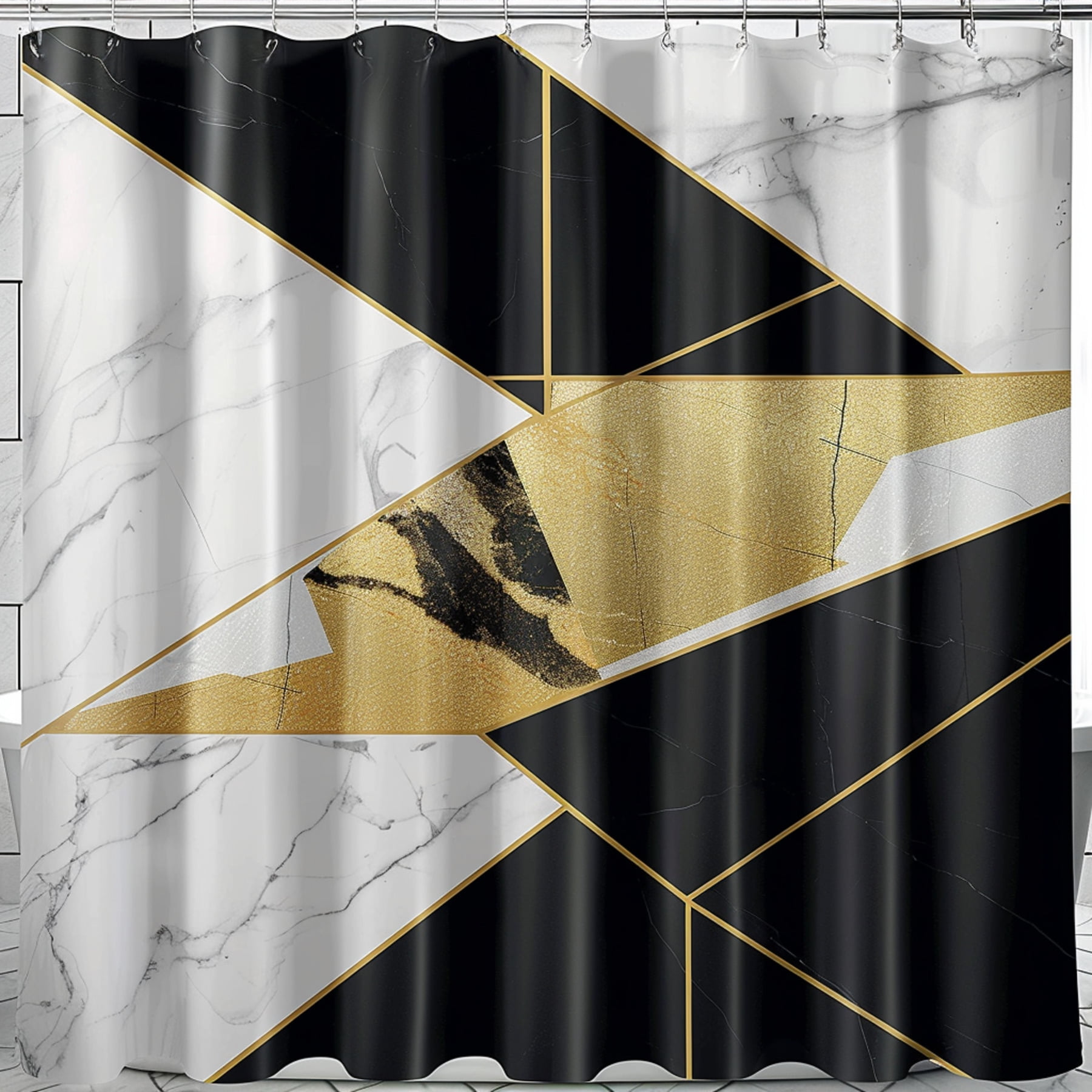 Unique Marble Texture Shower Curtain With Geometric Design And Elegant Black White And Gold