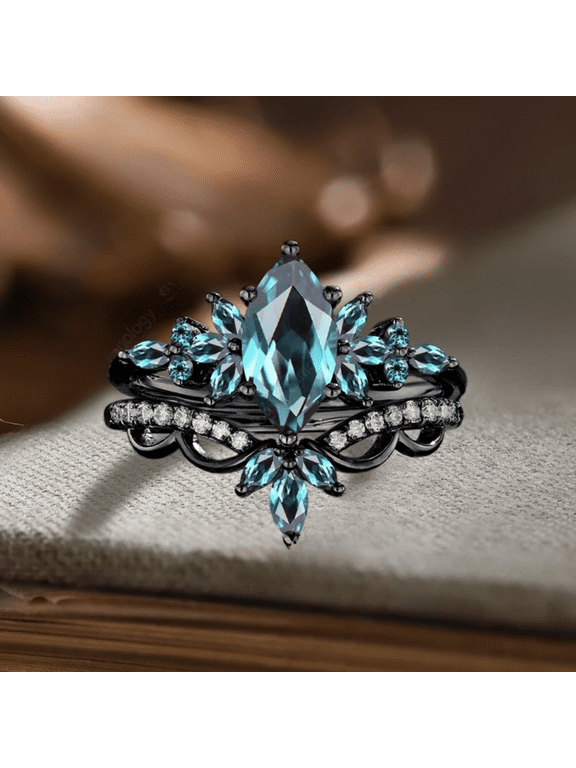 Unique Marquise Cut Alexandrite Engagement Ring in 14K Black Gold Vermeil- Leaf Floral Bridal Set Cluster Diamond Curved Wedding Band