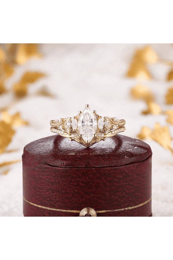 Unique Marquise Cut Diamond Bridal Ring Set in 14K Yellow Gold Vermeil- Nature Inspired Moon Design Wedding Band Promise Ring For Women