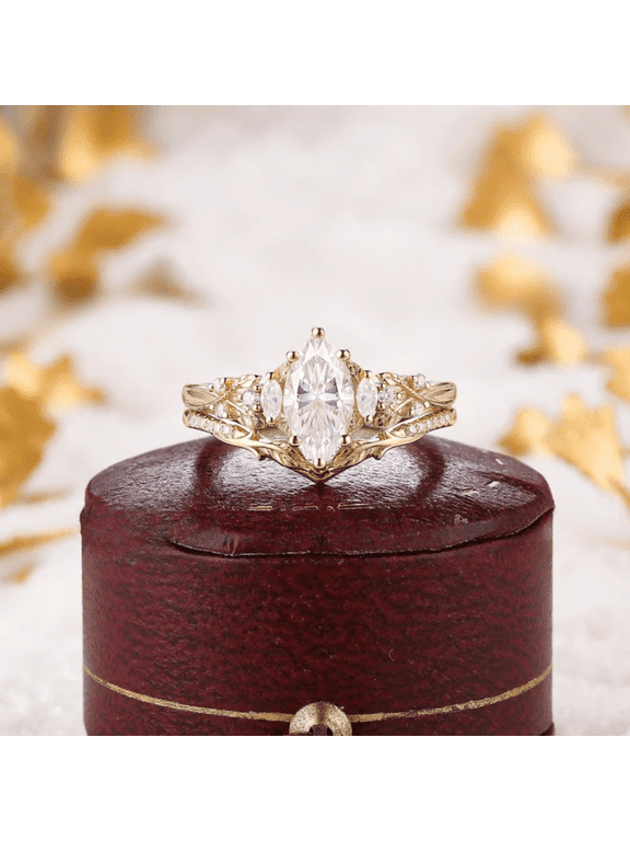 Unique Marquise Cut Diamond Bridal Ring Set in 14K Yellow Gold Vermeil- Nature Inspired Moon Design Wedding Band Promise Ring For Women