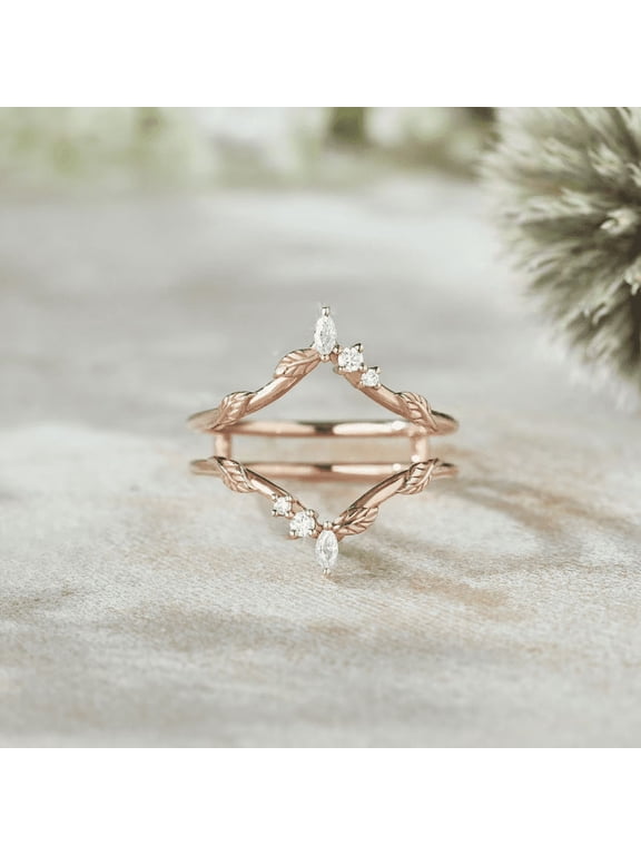 Unique Marquise Diamond Wedding Band in 14K Rose Gold Vermeil- Leaf Floral Moissanite Ring Enhancer