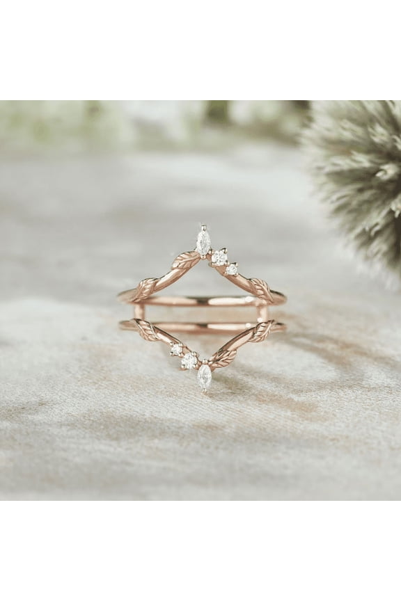 Unique Marquise Diamond Wedding Band in 14K Rose Gold Vermeil- Leaf Floral Moissanite Ring Enhancer