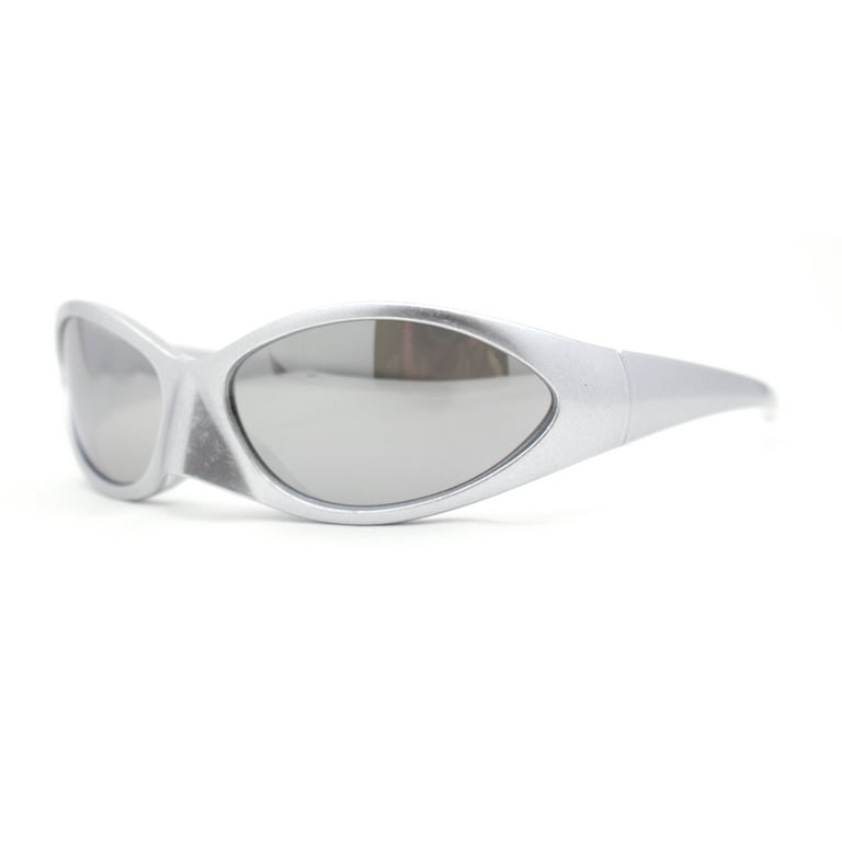 Unique Mask Style Wrap Around Oval Sport Sunglasses Silver