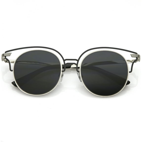 Unique Metal Cut Out Cat Eye Sunglasses Round Neutral Color Flat Lens 50mm (Silver Black / Smoke)