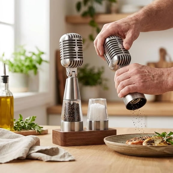 Unique Microphone Shaped Seasoning Grinder, Fun Culinary Gadget with Stand, Excellent Material Housewarming Gift for Chef