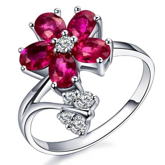 Unique Mind Blowing Flower Design 1.50 Carat Oval Shape Red Ruby Engagement Ring On 10K White Gold