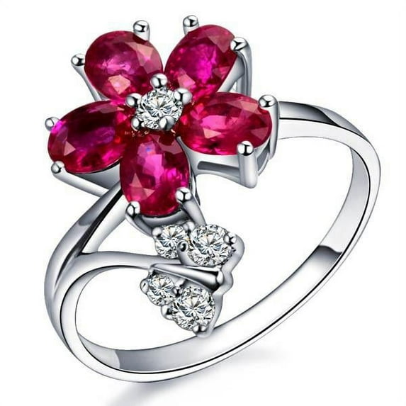 Unique Mind Blowing Flower Design 1.50 Carat Oval Shape Red Ruby Engagement Ring on 10k White Gold