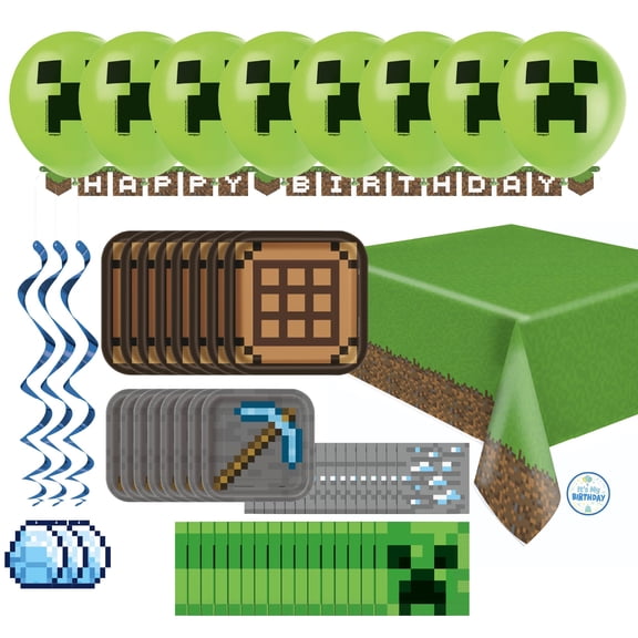 Unique Minecraft Birthday Party Supplies for 16 Guests 63 Piece Kit Plates, Napkins, Table Cover, Banner, Swirls, Balloons & Sticker Officially Licensed