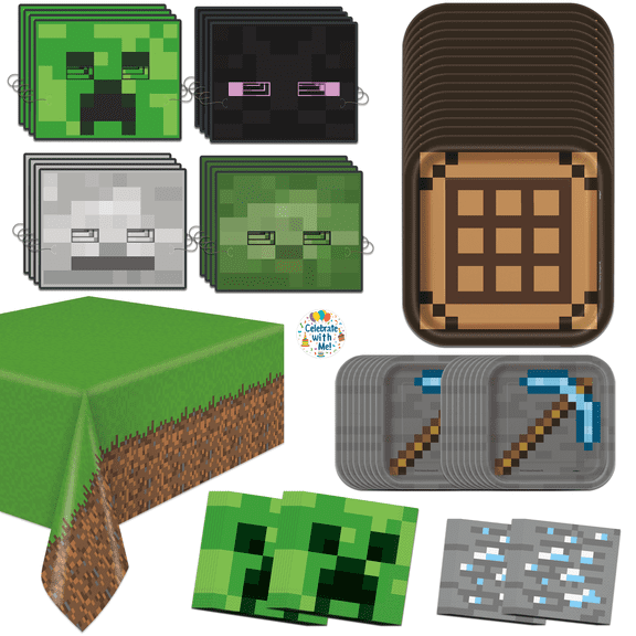 Unique Minecraft Party Supplies | Masks & Tableware Party Kit | Serves 16 | Officially Licensed | Plates, Napkins, Plastic Table Cover, Paper Masks | Gamer Birthday Supplies For Kids, Quick Setup